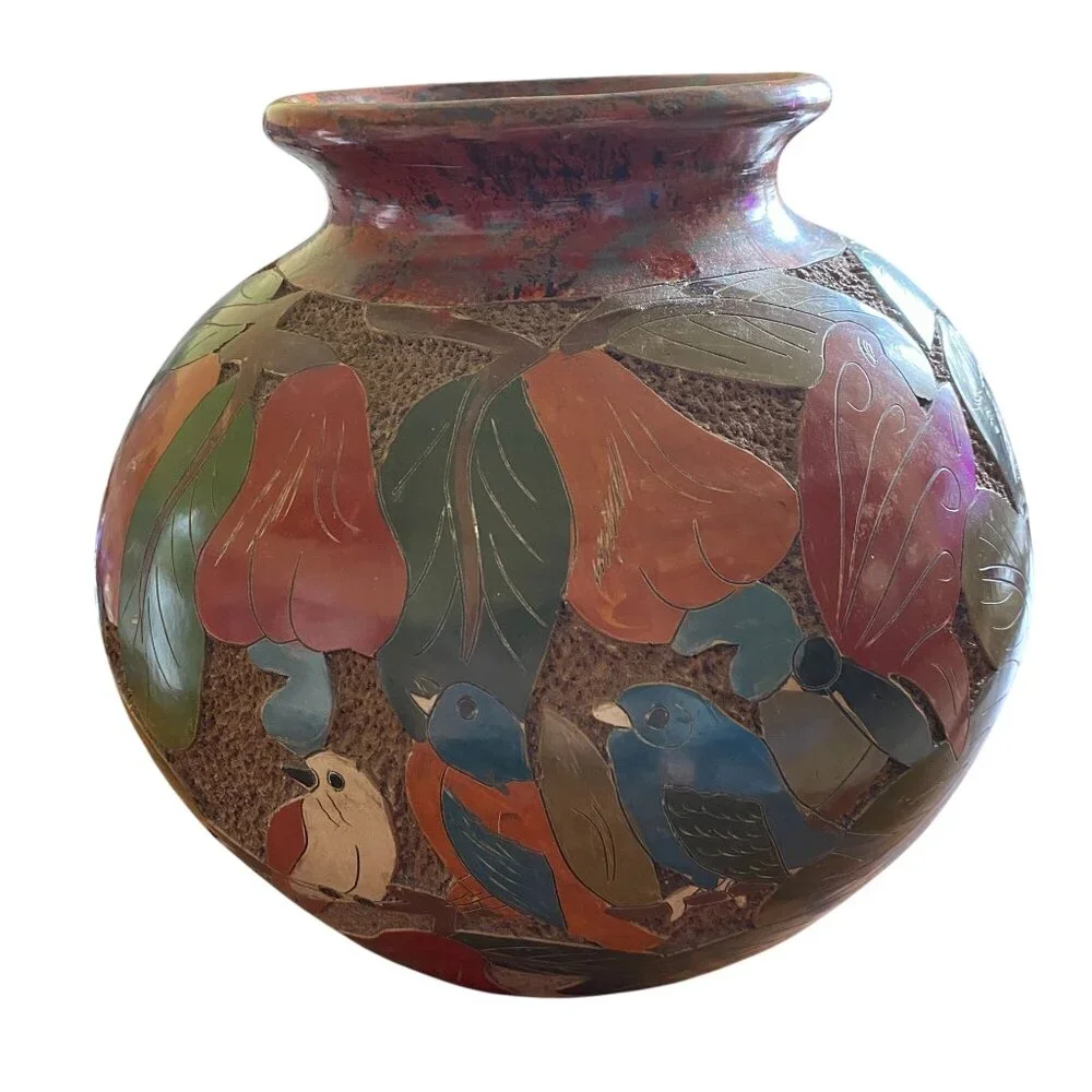 Costa Rican rain forest themed vase plant pot large monkey birds flowers Irma ro